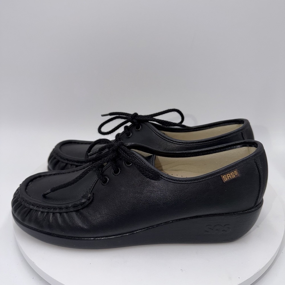 SAS Bounce Moccasin Shoes Lace Up Wedge Womens Black Leather Casual 8.5M
